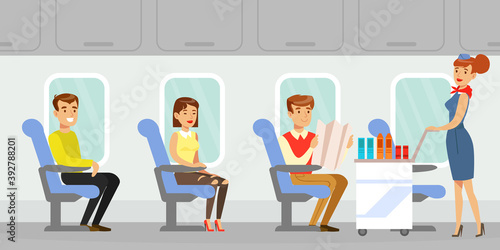 People Traveling by Aircraft, Flight Attendant in Uniform Serving Passengers on Board of Airplane Vector Illustration