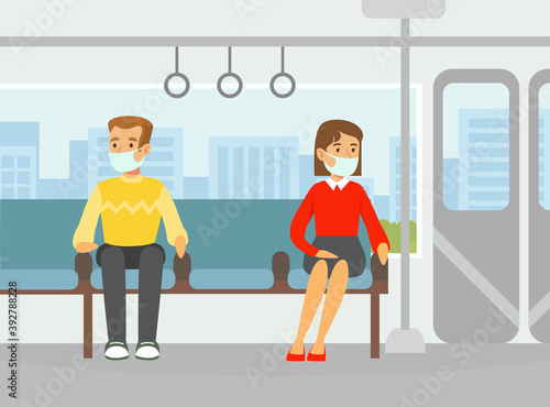 Man and Woman in Medical Face Masks Keeping Safe Social Distance inside Subway Train, People Using Public Transport Vector Illustration