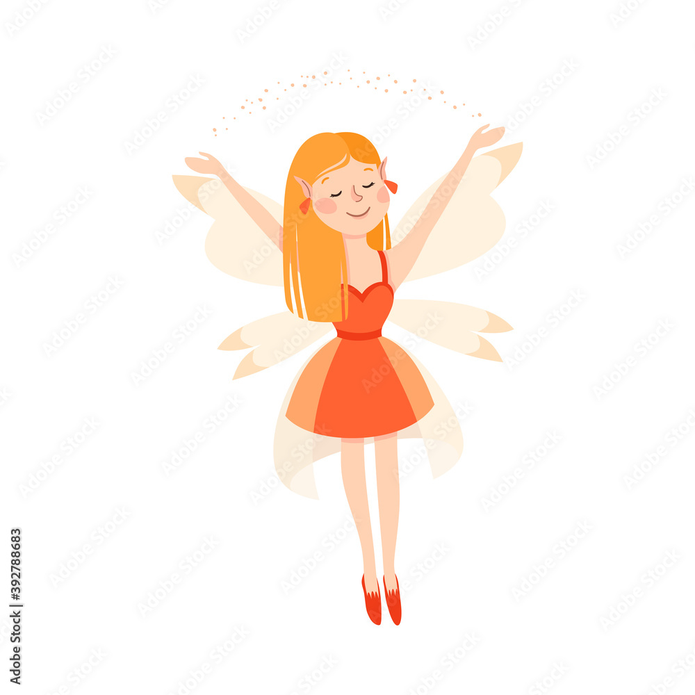 Naklejka premium Cute Redhead Girl Fairy with Wings, Lovely Happy Winged Elf Princesses in Fancy Dress Cartoon Style Vector Illustration