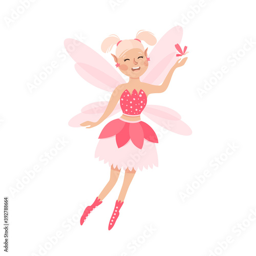 Happy Cute Girl Fairy with Wings, Lovely Winged Elf Princesses in Pink Dress with Butterfly Cartoon Style Vector Illustration