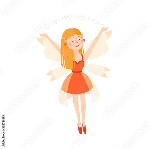 Cute Redhead Girl Fairy with Wings  Lovely Happy Winged Elf Princesses in Fancy Dress Cartoon Style Vector Illustration