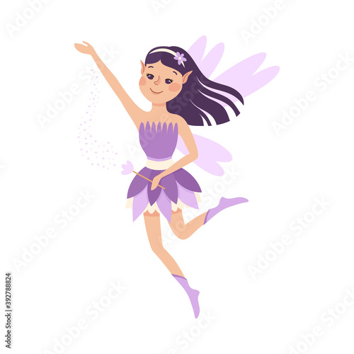 Cute Girl Fairy with Magic Wand, Lovely Flying Winged Elf Princesses in Lilac Dress Cartoon Style Vector Illustration