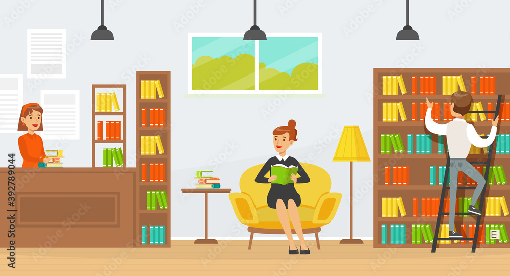 Library Interior with People Choosing and Reading Books, Librarian Character Standing at Service Desk, Education and Knowledge Concept Cartoon Vector Illustration