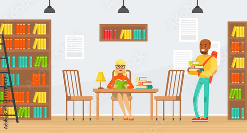 Studying Students  Library Interior with People Reading Books Cartoon Vector Illustration