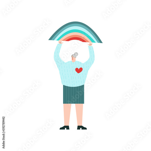 Elderly woman volunteer with rainbow Volunteering charity and people concept Flat vector  illustration