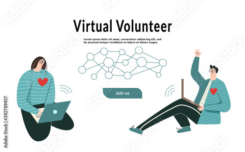  Group of young people volunteer online Teamwork and unity Flat vector cartoon illustration