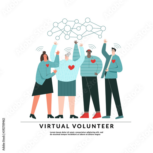 Virtual volunteers community concept Charity online service Teamwork network and unity  Flat vector  illustration