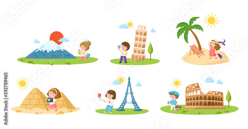 Travel cartoon kids girl and boy, landmarks or world places cliparts of colosseum, leaning tower of pisa, eiffel tower, mount fuji, pyramids, tropical island - isolated on white background vector