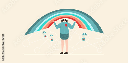  Young girl volunteer and Rainbow as symbol of hope help caring support and aid for people  Flat vector illustration