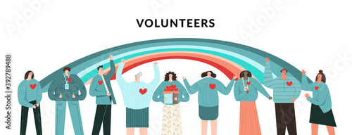 Volunteers community concept  Group of diverse people and Rainbow  Flat vector cartoon illustration