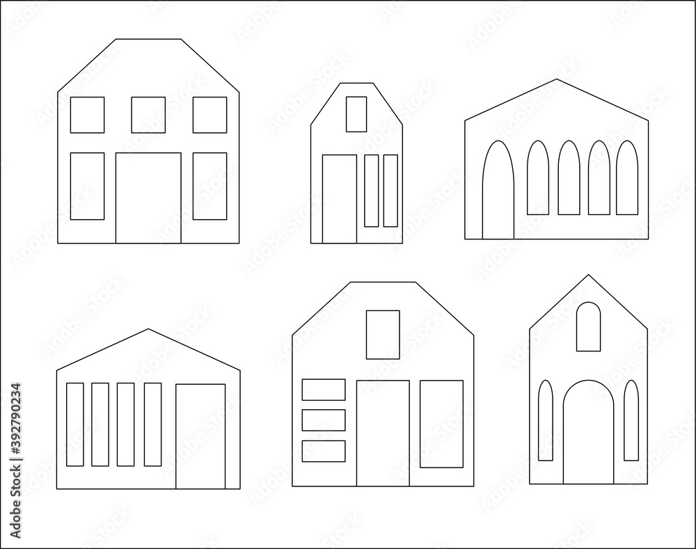 A set of black and white houses. circuits. Vector illustration