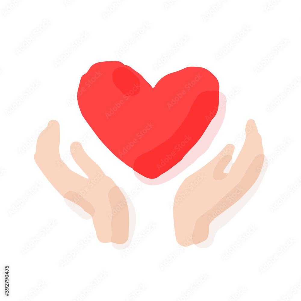 Heart and hand icon; Hand drawn vector illustration like woodblock print