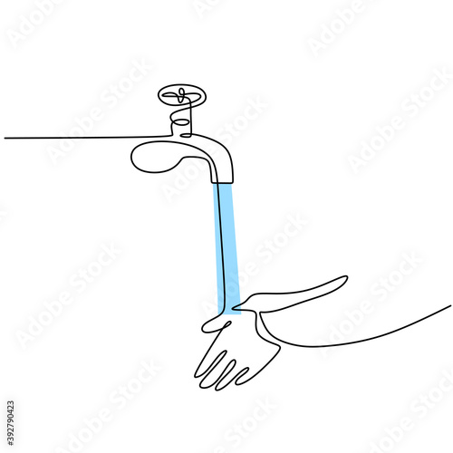 Continuous one line drawing of wash hands in the sink isolated on white background. People's hand washing applying water from the tap in order to prevent bacterial or virus infection.