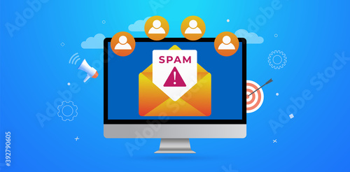 Email Spam Message concept. Malware spreading virus, scam and fraud mail. Irrelevant unsolicited malicious e-mail envelope with warning and alert notification. Header or footer vector banner template