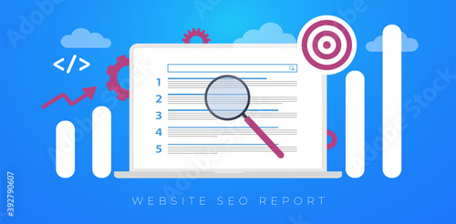 Website SEO Report, Digital Marketing analytics concept. Seo Ranking flat vector horizontal banner illustration with icons. Search Engine Results Pages (SERP) analysis and online audit. 