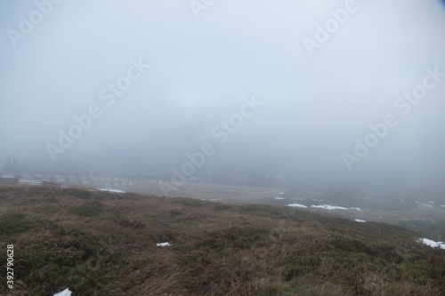 fog on the mountain trail meadow photo