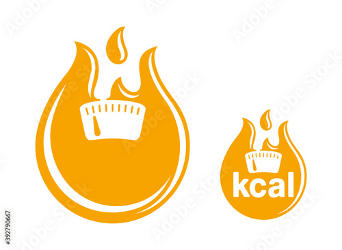 kcal flat icon (calories sign) combination of flame (fat burning) and weight scales - isolated vector emblem for healthy food, fitness or diet program packaging
