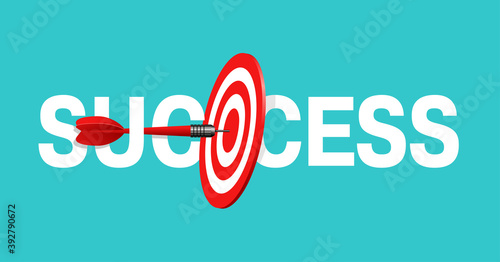 Success concept - sports, business strategy and targeting success - bulls eye hit in darts target - vector banner