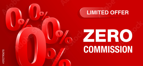 Zero percent commission wide red  banner - 3D 0 and percent symbols on red and purple colorful abstract background - vector promo poster element