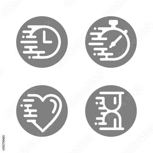 Deadline icon and quick lead times icons set -  stopwatch, clock, heart and sandwatch symbols with creative speed lines (traces) - vector collection