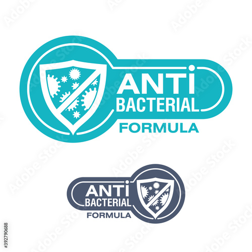 Antibacterial formula horizontal emblem - shield with crossed bacterias inside - vector isolated sign for antiseptic cosmetics and medical pharmaceutical products 