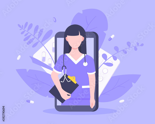 Online doctor medical service concept with doctor in the smartphone vector illustration. Telemedicine web consultation for patients health care check ups and taking medicine prescription pills.