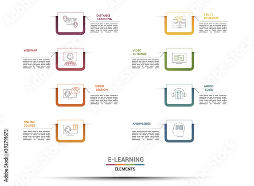 Infographic E-Learning template. Icons in different colors. Include Distance Learning, E-Learning, Blended Learning, Knowledge and others.
