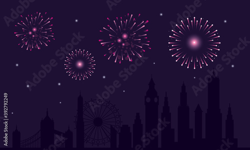 fireworks splash lights in sky night of london city