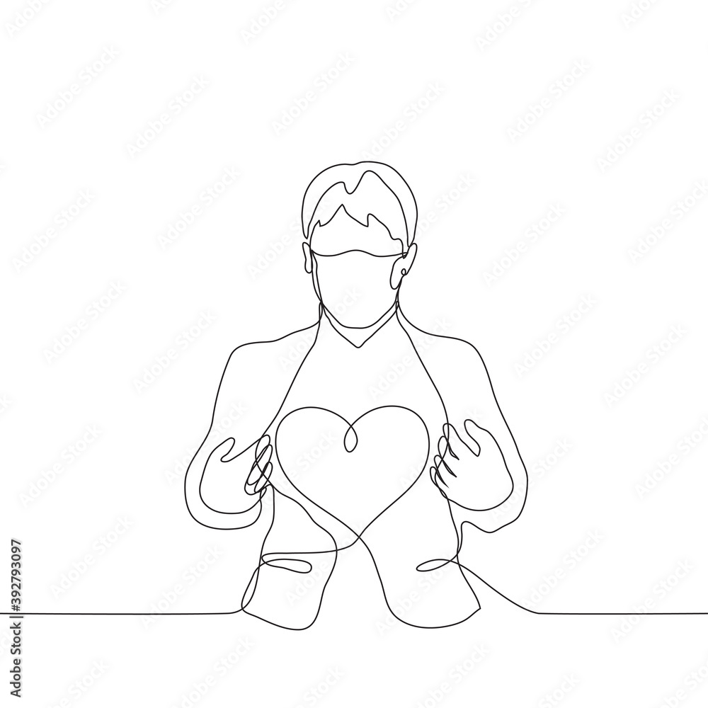 man in a mask stands in a jacket, unbuttoning his buttons and exposing his chest - there is a silhouette of a large heart. one line drawing concept of confession of love, kindness, openness, empathy man in a mask stands in a jacket, unbuttoning his buttons and exposing his chest - there is a silhouette of a large heart. one line drawing concept of confession of love, kindness, openness, empathy
