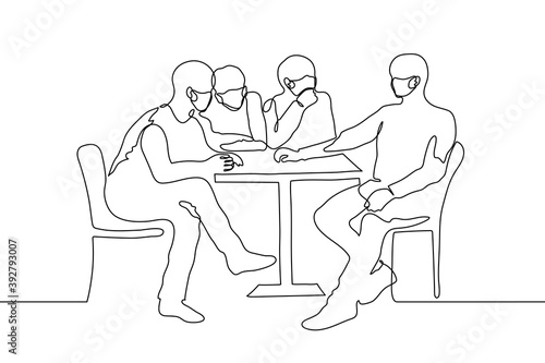 group of masked men are sitting at a table in a (terrace) cafe, waiting for the waiter to bring the order. one line drawing of a group of masked friends sitting at a cramped empty table