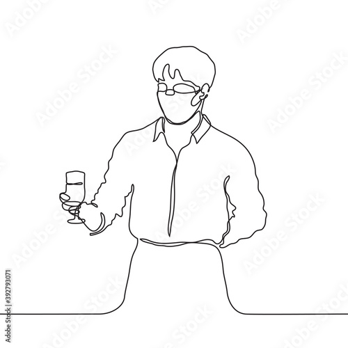 man in a mask, shirt and apron holds an outstretched glass of drink, his other hand is hidden behind his back. one line drawing of a waiter brought an alcoholic drink