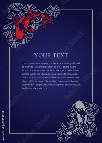 Brochure, flyer, banner template with traditional Japanese eastern ornament. Oriental waves and koi fish drawings. Blank with decorative pattern and space for text. Vector illustration
