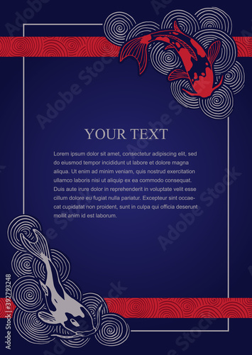 Brochure, flyer, banner template with traditional Japanese eastern ornament. Oriental waves and koi fish drawings. Blank with decorative pattern and space for text. Vector illustration