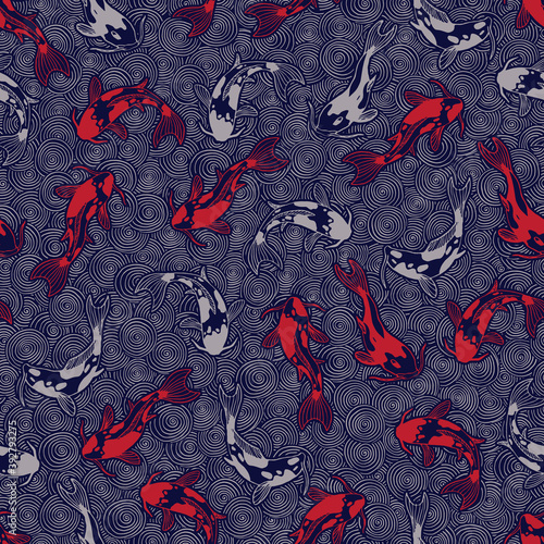 Traditional japanese ornament. Seamless pattern. Waves an koi carps. Asian nautical background. Vector illustration
