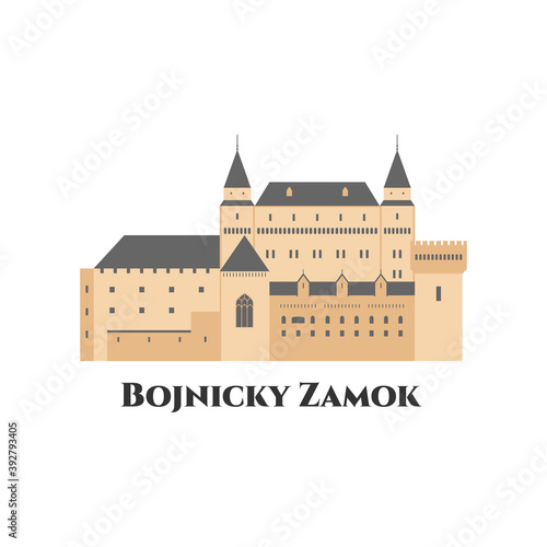 Bojnice Castle in Slovakia. A medieval castle in Bojnice, Slovakia. It is a Romanesque castle with some original gothic. Flat cartoon style historic sight showplace attraction. Vector illustration