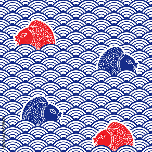 Japanese traditional pattern with catfish and waves. Blue, res and white colors. Nautical background. Ceramic ornament. Vector art