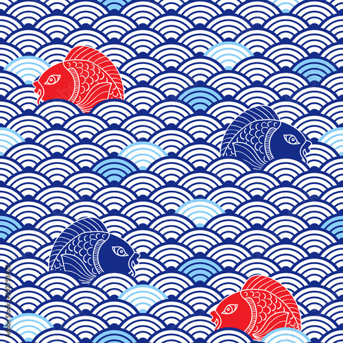 Oriental traditional pattern with catfish and waves. Blue, res and white colors. Colorful nautical background. Asian ceramic ornament. Vector art photo