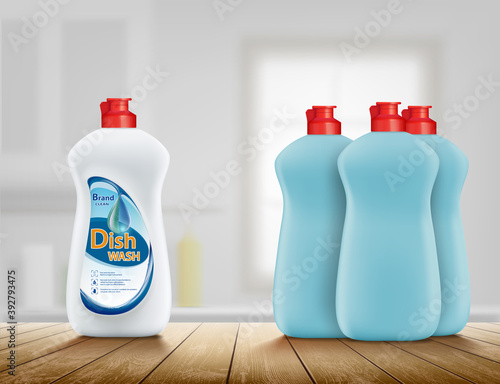 Dishwashing liquid soap in a plastic bottle. Vector illustration.