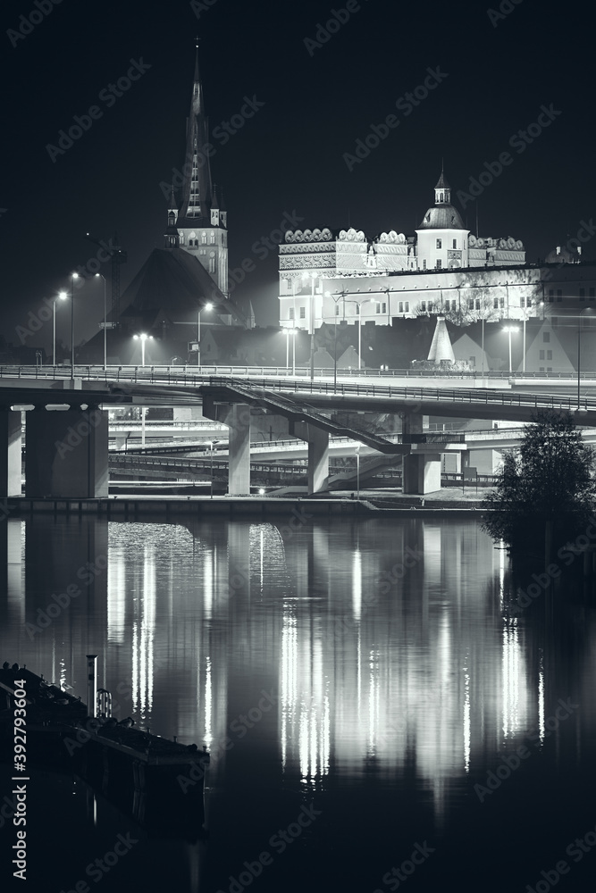 The Ducal Castle and Cathedral in Szczecin at foggy night, Poland. - obrazy, fototapety, plakaty 