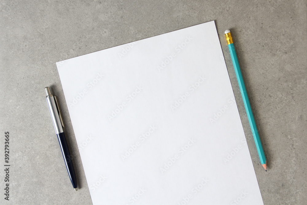 Template of white paper with a ballpoint pen and simple pencil on light grey concrete background. Concept of new idea, business plan and strategy, empty space for text Template of white paper with a ballpoint pen and simple pencil on light grey concrete background. Concept of new idea, business plan and strategy, empty space for text