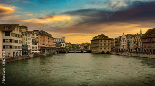 Limmat river in Zurich. Summer evening. Switzerland. © Sergey Fedoskin