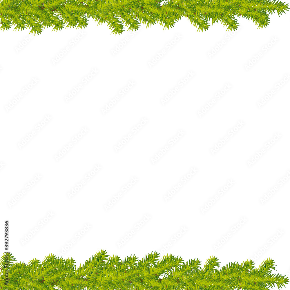 Beautiful christmas tree branches with thorns frame. Realistic vector background.