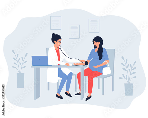 The obstetrician doctor measures the blood pressure of a pregnant patient. Another trip to the gynecological office of a pregnant woman. Flat vector illustration.
