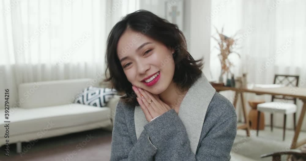 Close up of one lovely young asian woman talking to the camera at home lovely lady video call with friends indoor POV view of pretty lady chat using webcam Close up of one lovely young asian woman talking to the camera at home lovely lady video call with friends indoor POV view of pretty lady chat using webcam