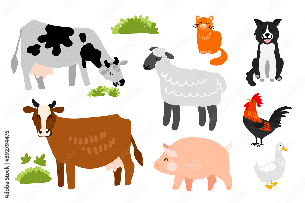 Livestock and pets on the farm. Cows, dog, cat, pig, sheep, duck, rooster. Vector drawing. Livestock and pets on the farm. Cows, dog, cat, pig, sheep, duck, rooster. Vector drawing.