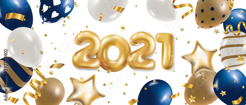 2021 Happy new year background vector. Christmas poster, Greeting cards, Website header and Banner design with sparkling, Luxury gifts box, balloon, gold confetti, snowflake and golden glitter. .
