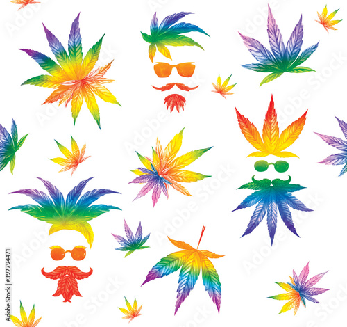 A pattern with multicolored cannabis leaves and abstract multicolored male faces on a white background. Watercolor illustration, seamless pattern.
