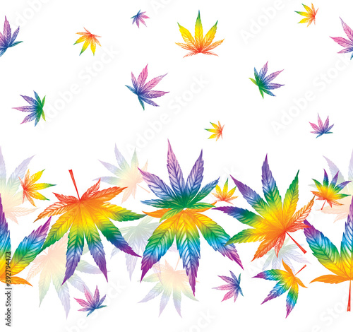 Pattern with a border of multicolored cannabis leaves on a white background with small multicolored leaves. Watercolor illustration.