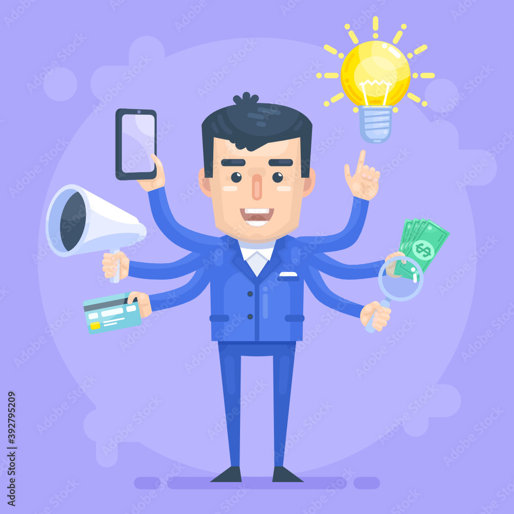 Businessman manages multiple tasks at once. Time management, multitasking concept. Modern vector illustration Businessman manages multiple tasks at once. Time management, multitasking concept. Modern vector illustration