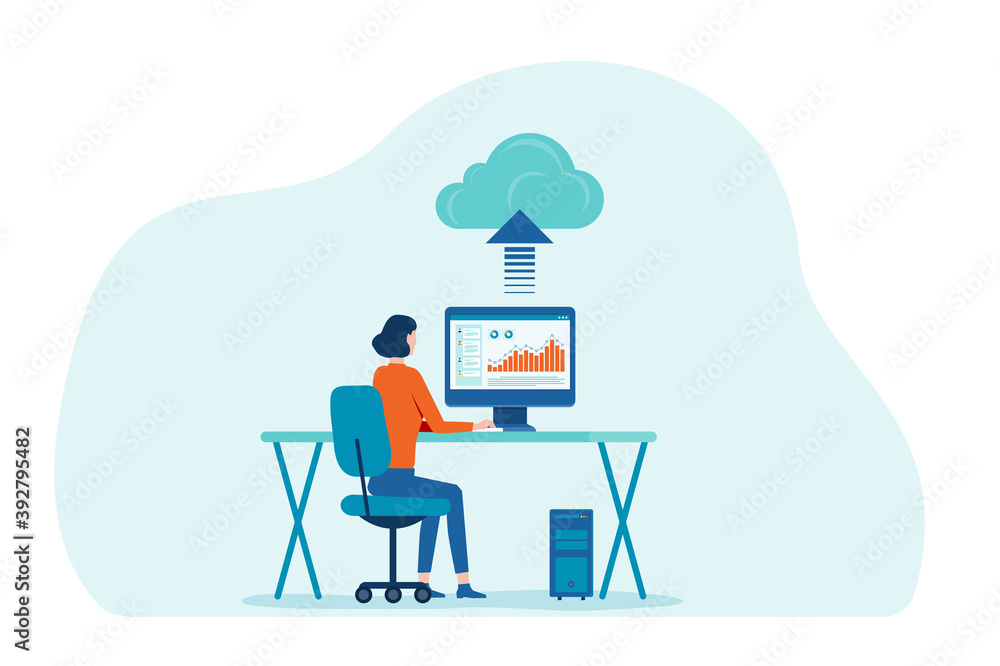 flat vector women working with technology cloud computing service concept and developer on web dashboard monitor concept